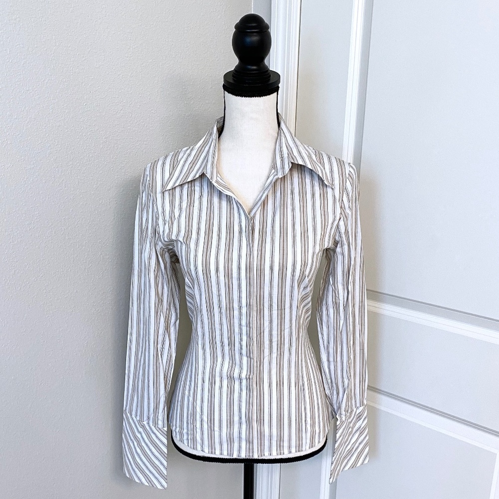 A.BYER Striped Button Down White and Tan Shirt
